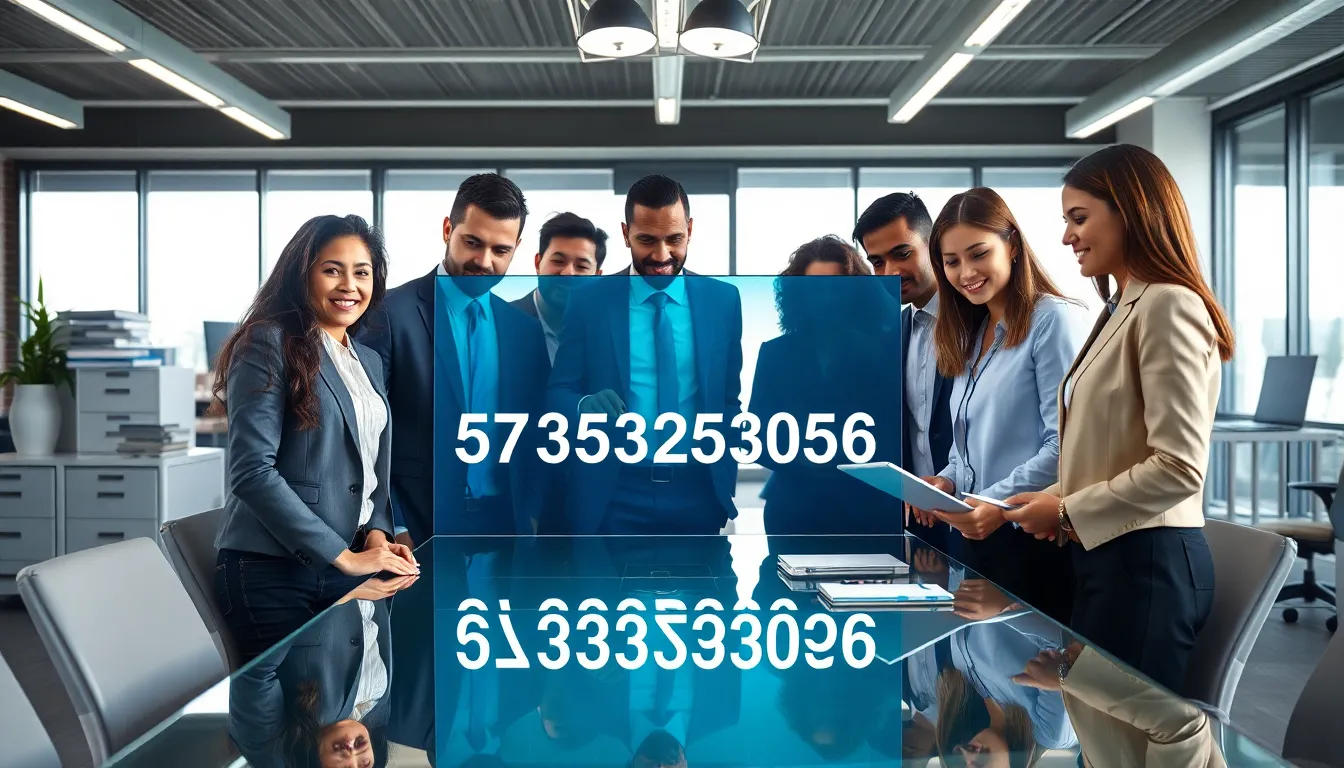 diverse professionals collaborating over a digital display in a modern office.